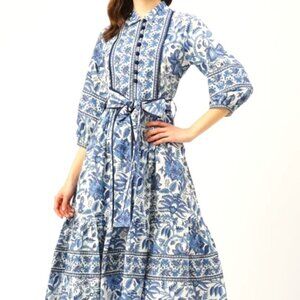 Hand Block Printed Dress - Blue and White - size small